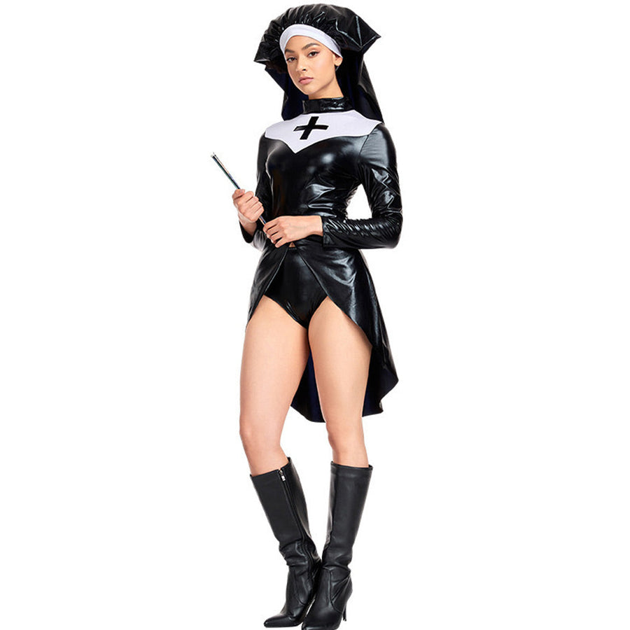 Latex Nun Costume Black Gothic Habit Nun Cosplay Outfit Adult Fancy Dress Costumes