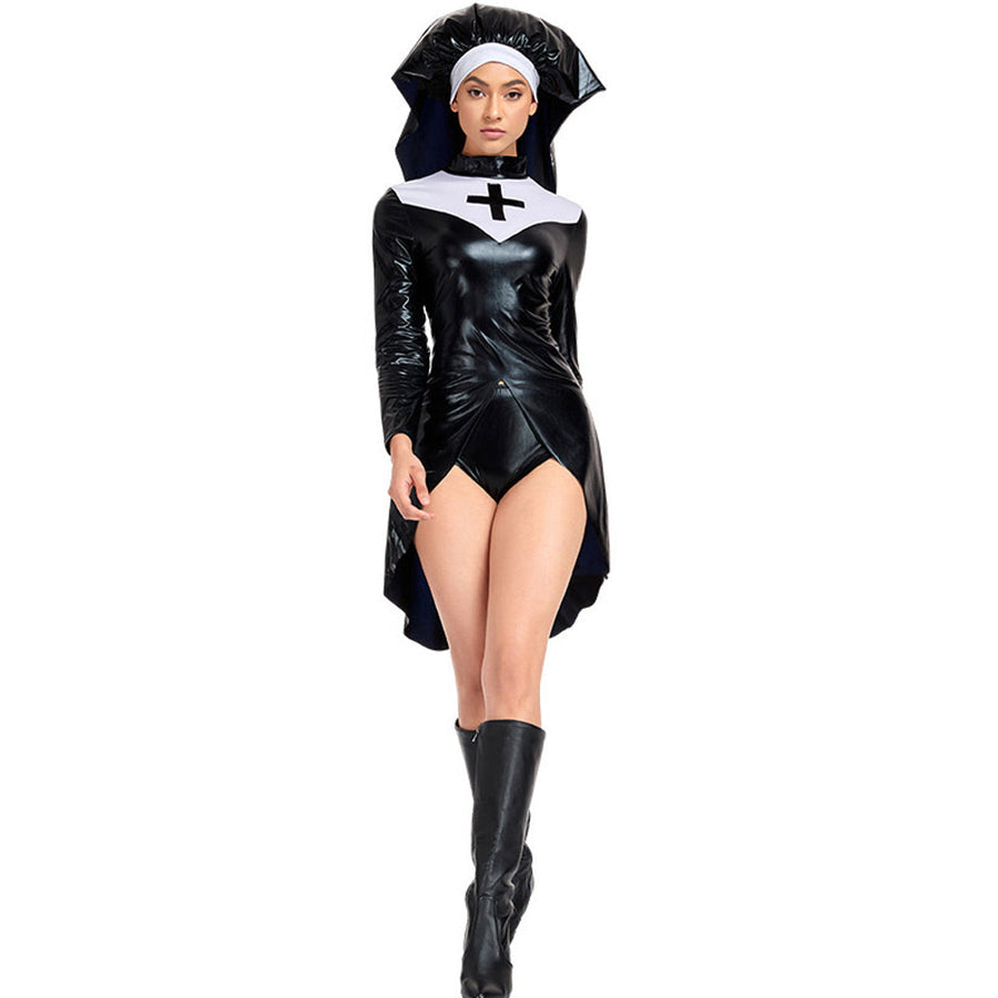 Latex Nun Costume Black Gothic Habit Nun Cosplay Outfit Adult Fancy Dress Costumes