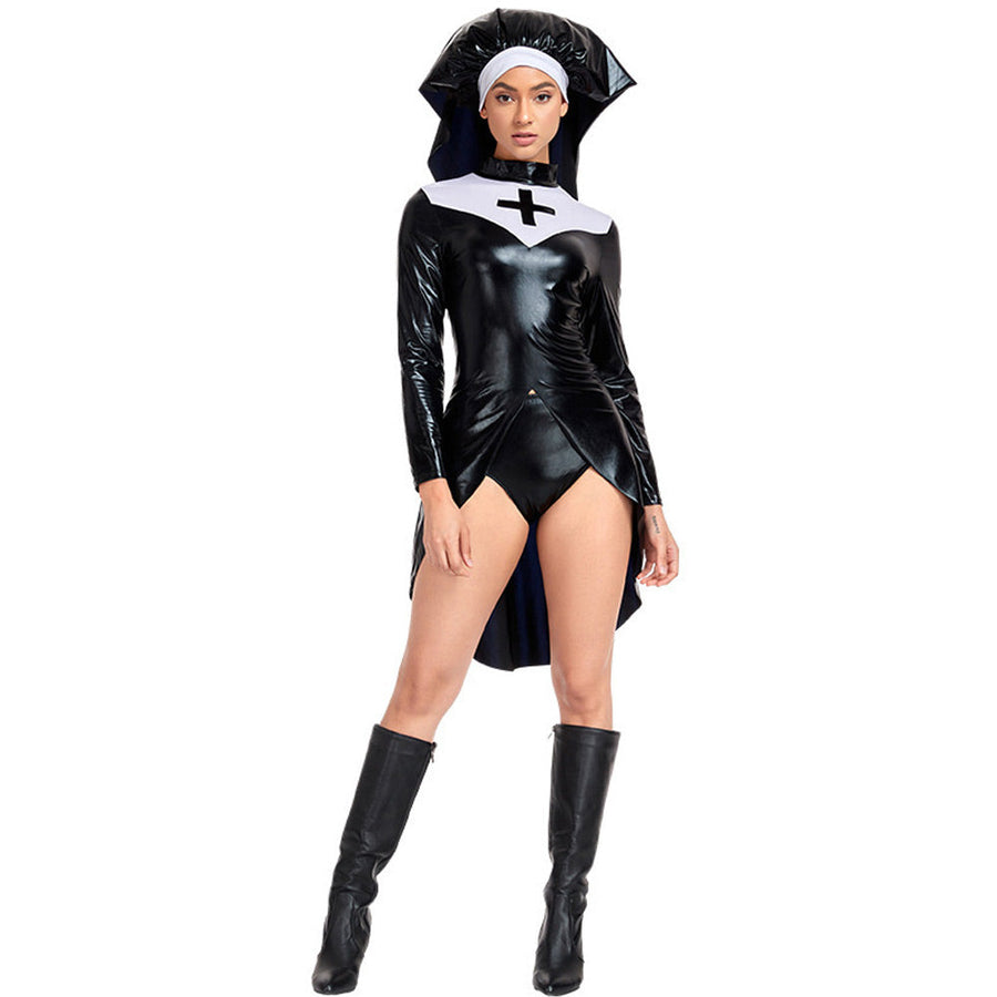 Latex Nun Costume Black Gothic Habit Nun Cosplay Outfit Adult Fancy Dress Costumes