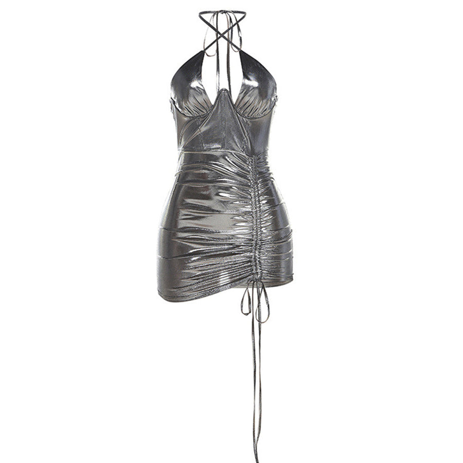 Yomorio Metallic Halter Dress Shiny Corset Dress Ruched Bodycon Club Mini Dress