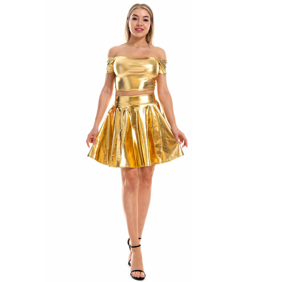 Sexy Metallic Skirt Set Girly Holographic Rave Outfits Two Piece Off Shoulder Crop Top and Mini Skirt
