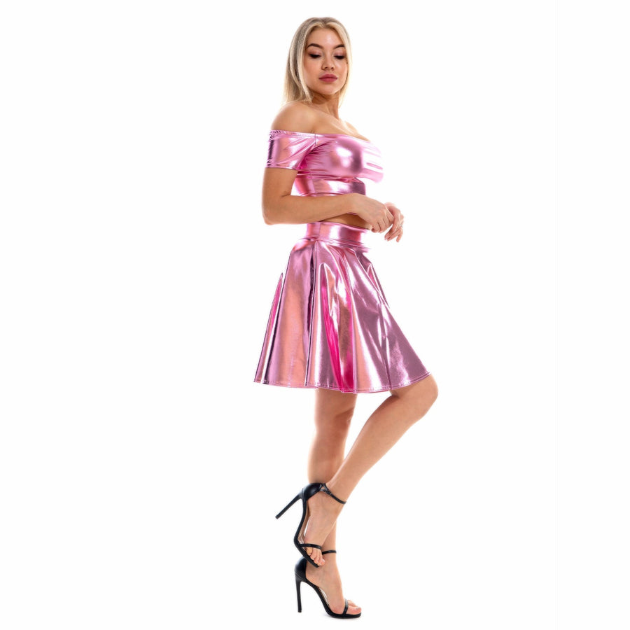Sexy Metallic Skirt Set Girly Holographic Rave Outfits Two Piece Off Shoulder Crop Top and Mini Skirt