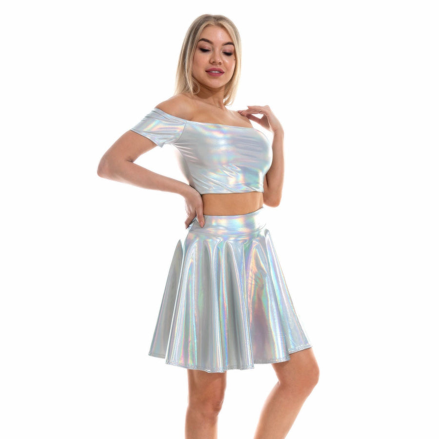 Sexy Metallic Skirt Set Girly Holographic Rave Outfits Two Piece Off Shoulder Crop Top and Mini Skirt