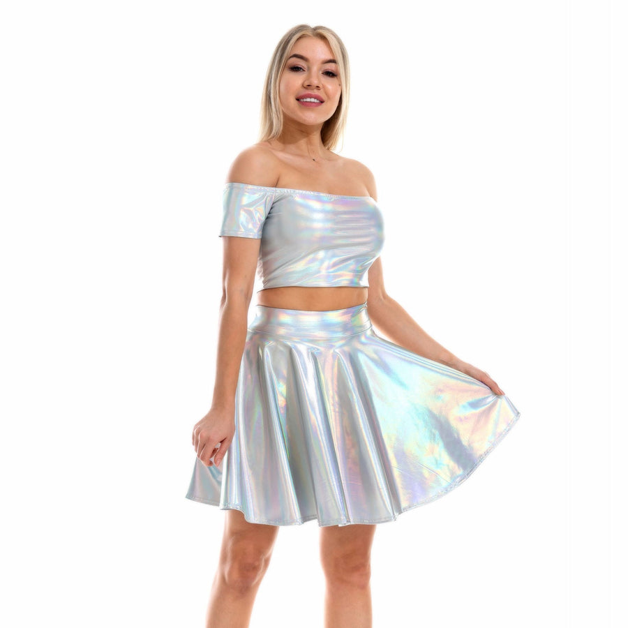 Sexy Metallic Skirt Set Girly Holographic Rave Outfits Two Piece Off Shoulder Crop Top and Mini Skirt