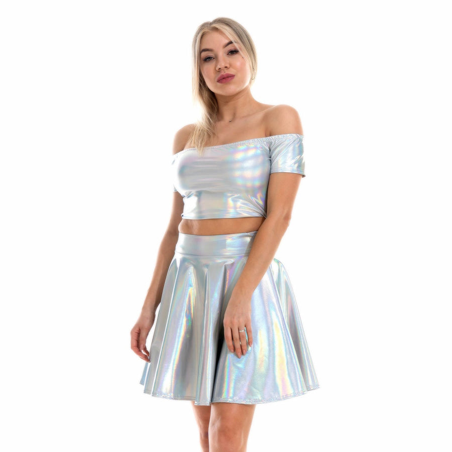 Sexy Metallic Skirt Set Girly Holographic Rave Outfits Two Piece Off Shoulder Crop Top and Mini Skirt