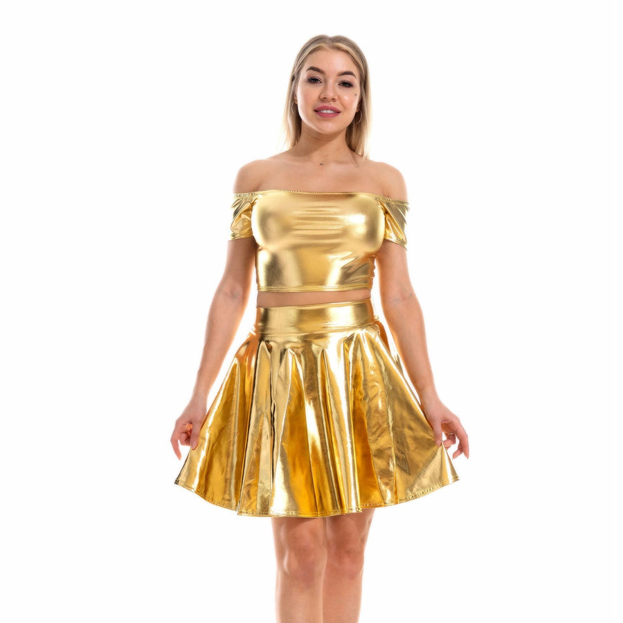 Sexy Metallic Skirt Set Girly Holographic Rave Outfits Two Piece Off Shoulder Crop Top and Mini Skirt