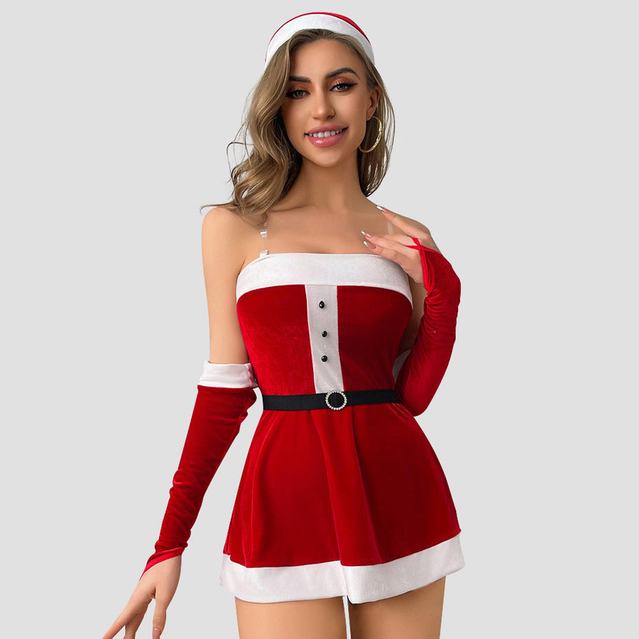 Mrs Santa Claus Costume Christmas Cosplay Outfit Red Velvet Strapless Mini Dress