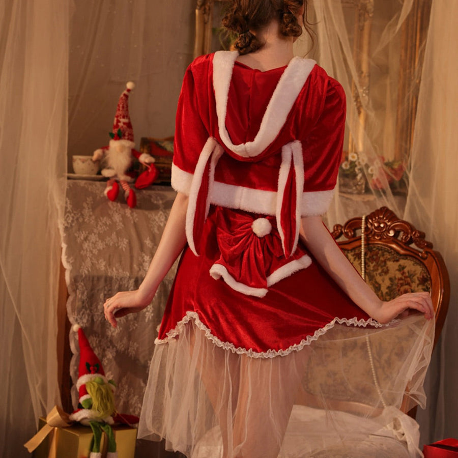 Naughty Elf Christmas Costume Santa Claus Cosplay Outfit Red Velvet Babydoll Dress and Cape