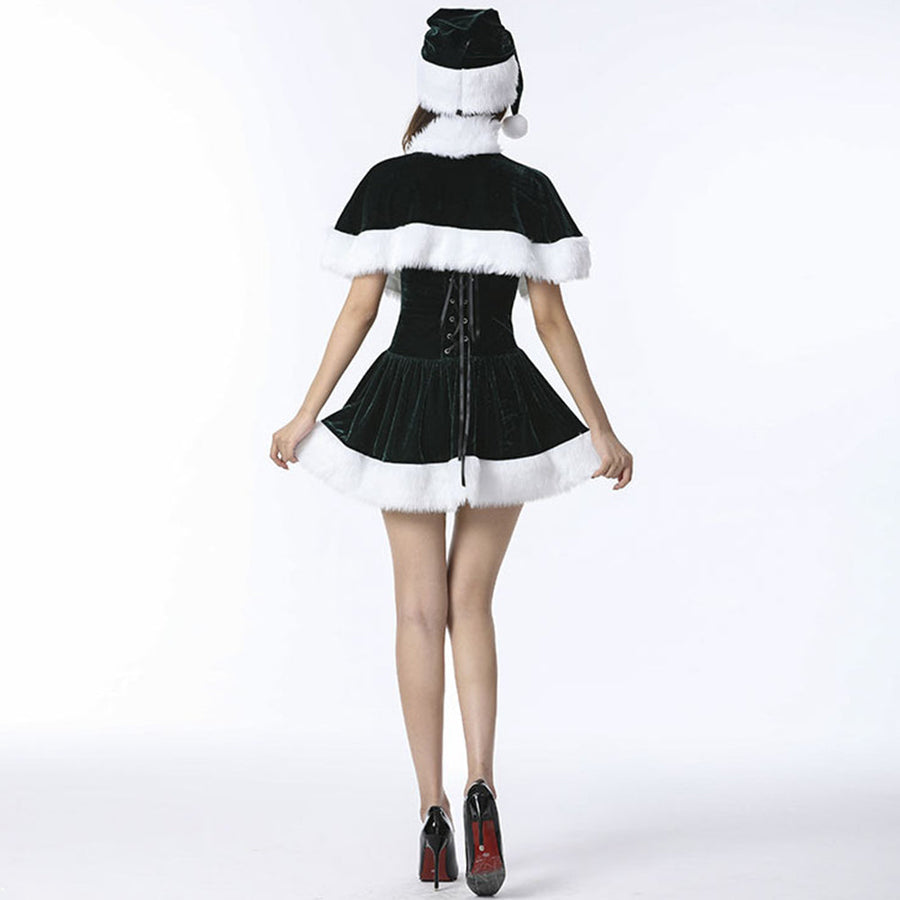 Naughty Elf Costume Set Adult Velvet Miss Santa Claus Christmas Dress with Shawl and Hat Party Outfits