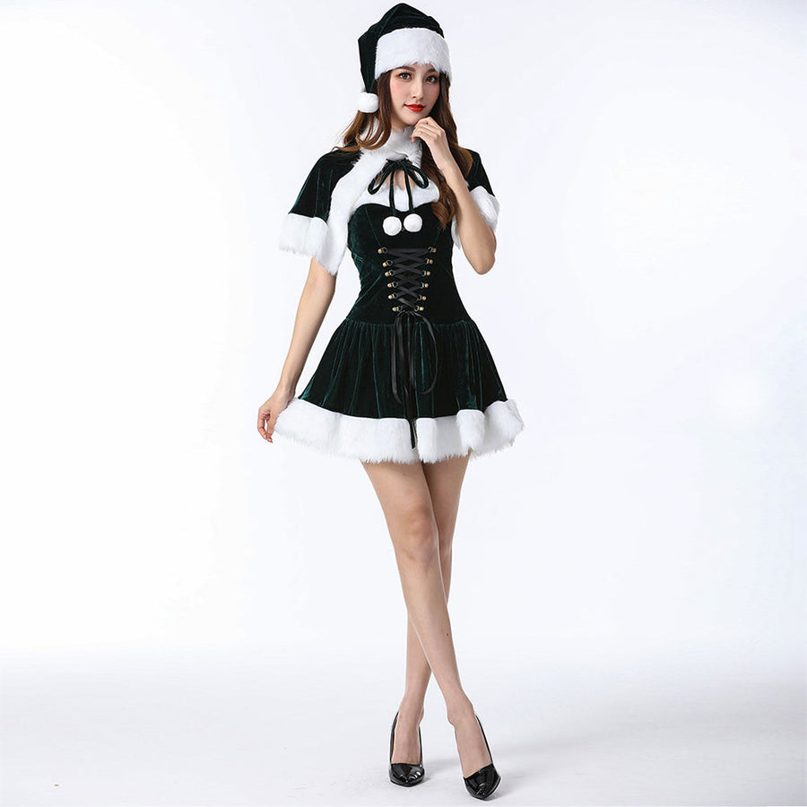 Naughty Elf Costume Set Adult Velvet Miss Santa Claus Christmas Dress with Shawl and Hat Party Outfits