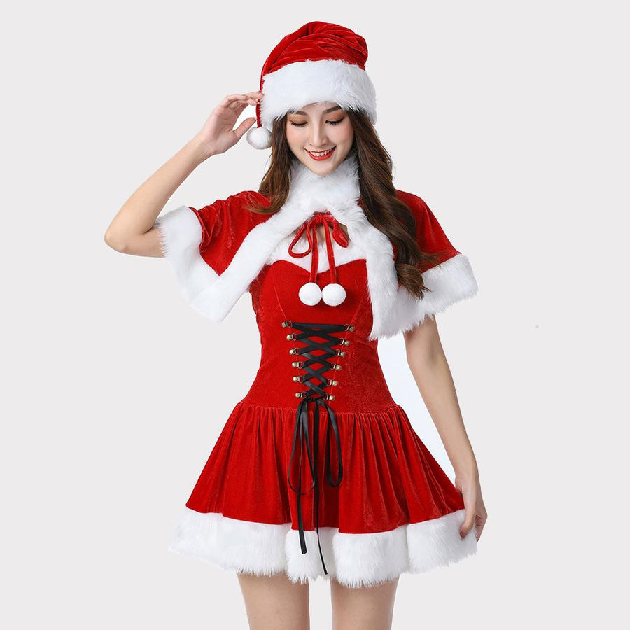 Naughty Elf Costume Set Adult Velvet Miss Santa Claus Christmas Dress with Shawl and Hat Party Outfits