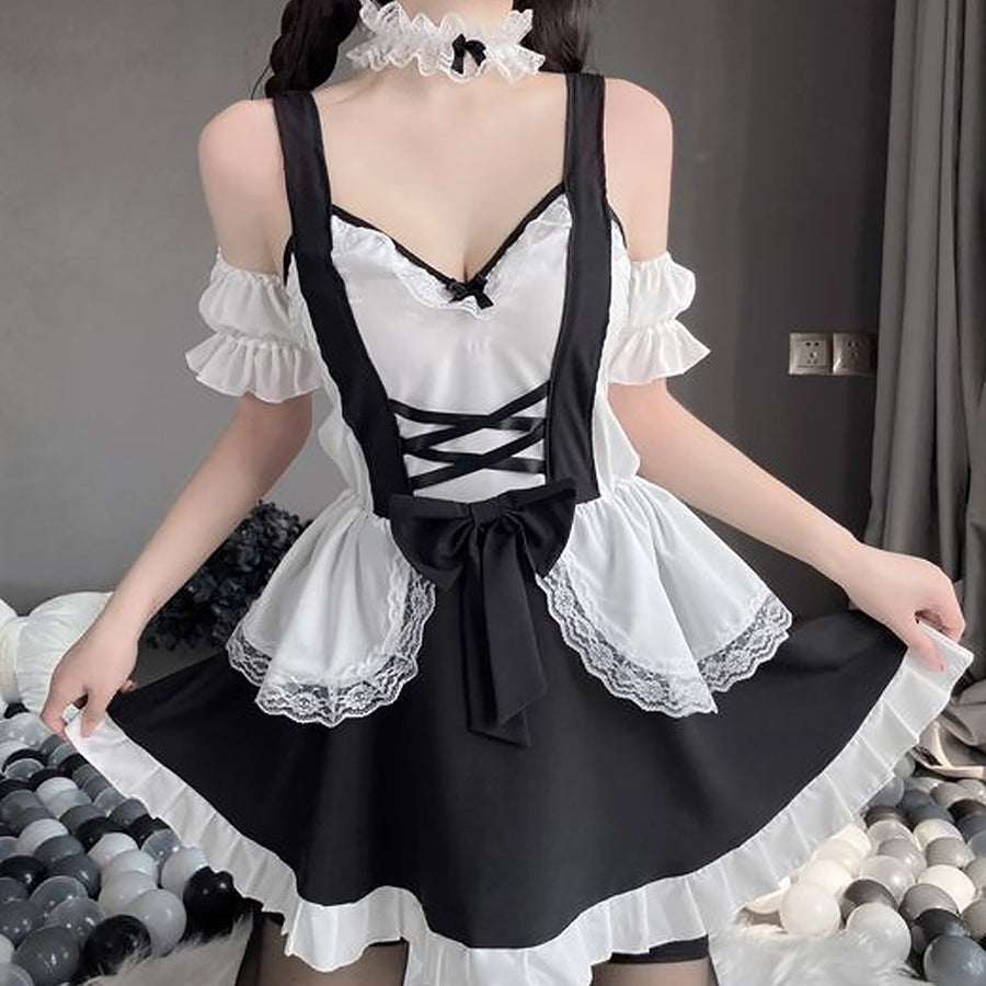 Naughty French Maid Costume Anime Lolita Cosplay Dress with Lace Choker