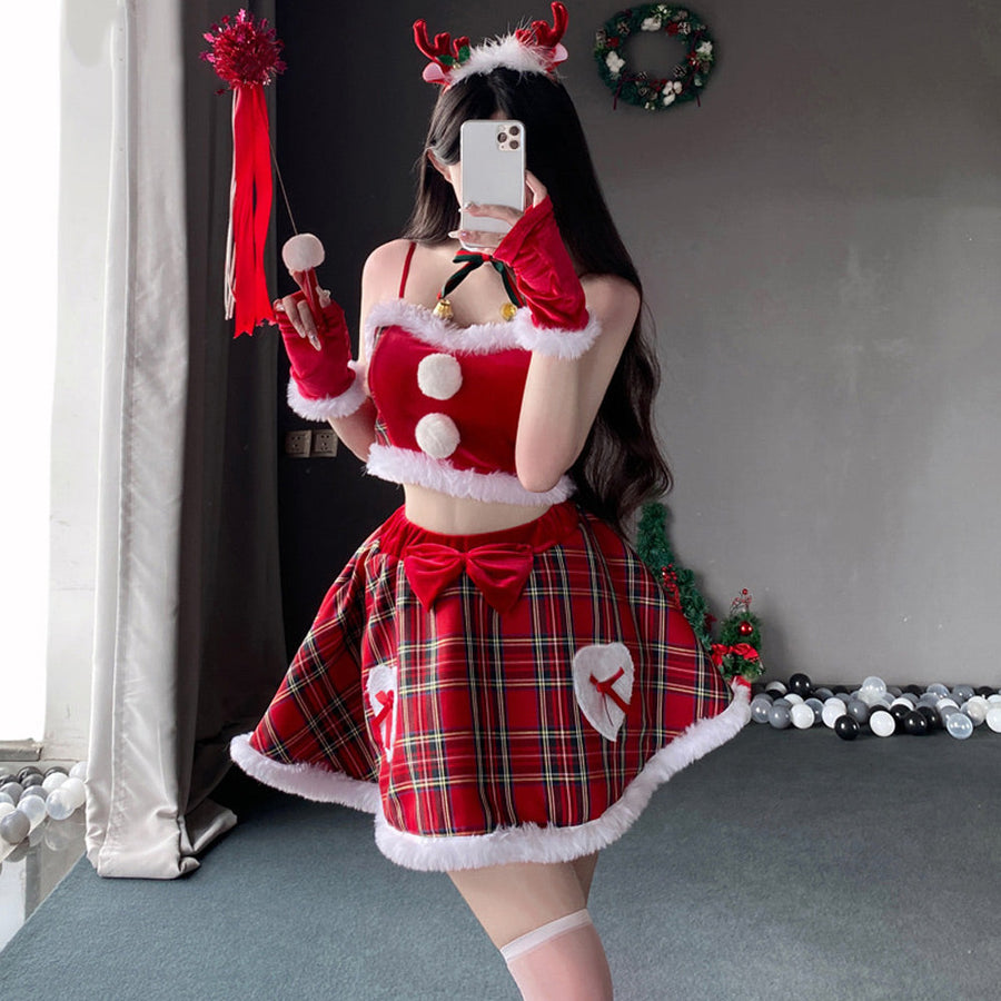 Naughty Santa Costume Mrs Claus Cosplay Outfit Christma Red Plaid Skirt Set