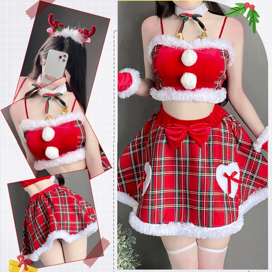 Naughty Santa Costume Mrs Claus Cosplay Outfit Christma Red Plaid Skirt Set