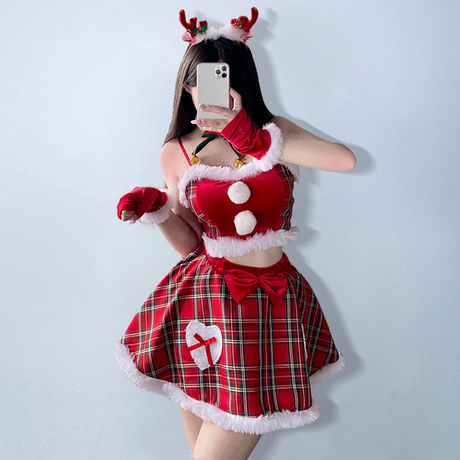 Naughty Santa Costume Mrs Claus Cosplay Outfit Christma Red Plaid Skirt Set