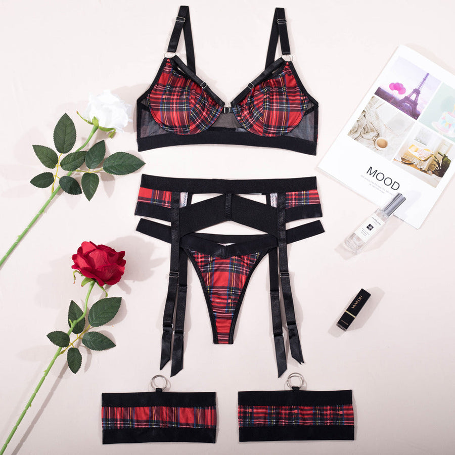 Plaid High Waisted Underwire Valentine's Day Lingerie Strappy Bra Set with Garter Belt