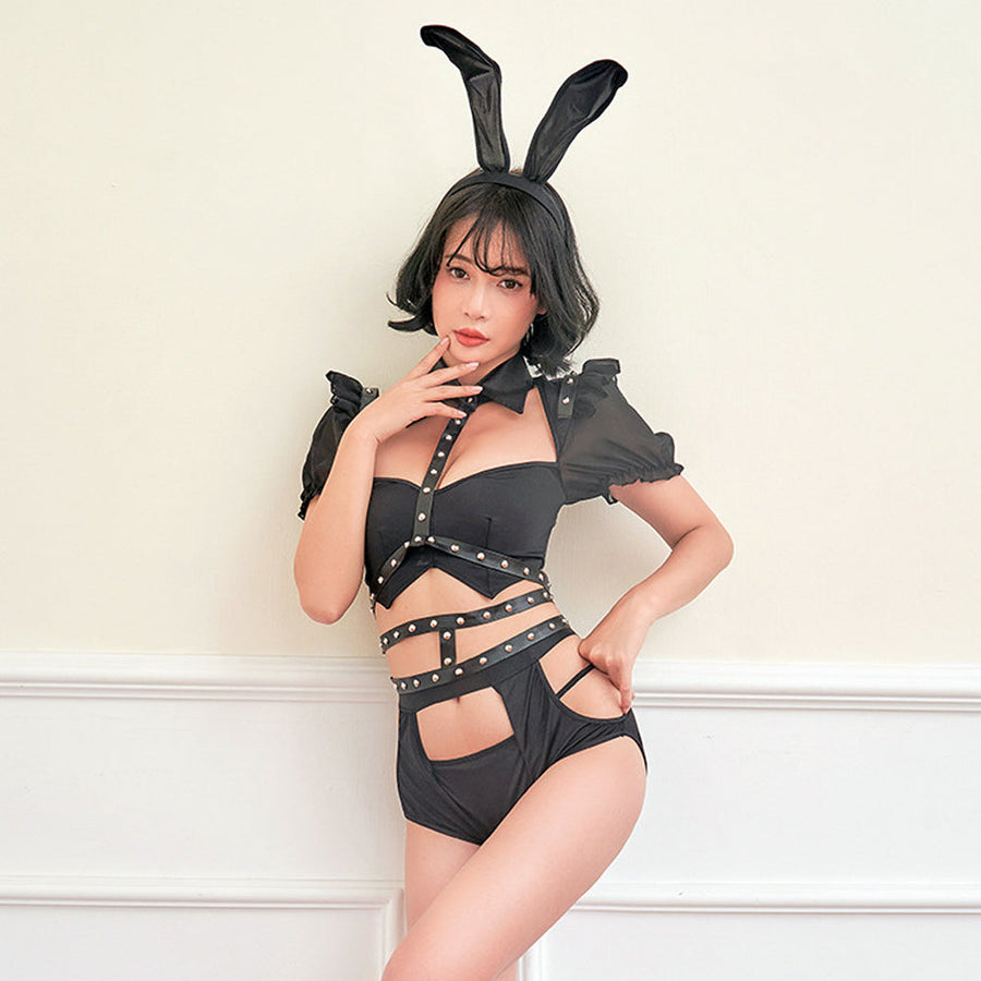 Bunny Girl Costume Gothic Rivet Harness Puff Sleeve Crop Top Cut Out Shorts Cosplay Lingerie Set