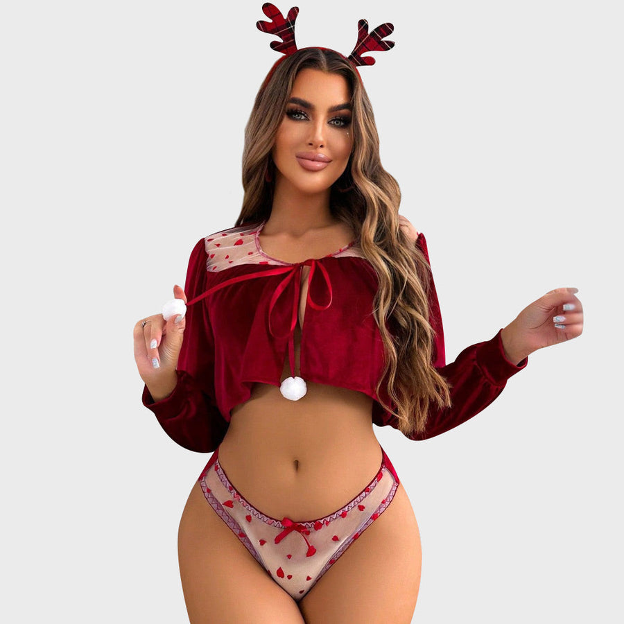 Plus Size Christmas Lingerie Set Santa Claus Cosplay Costume Two Piece Red Velvet Xmas Outfit