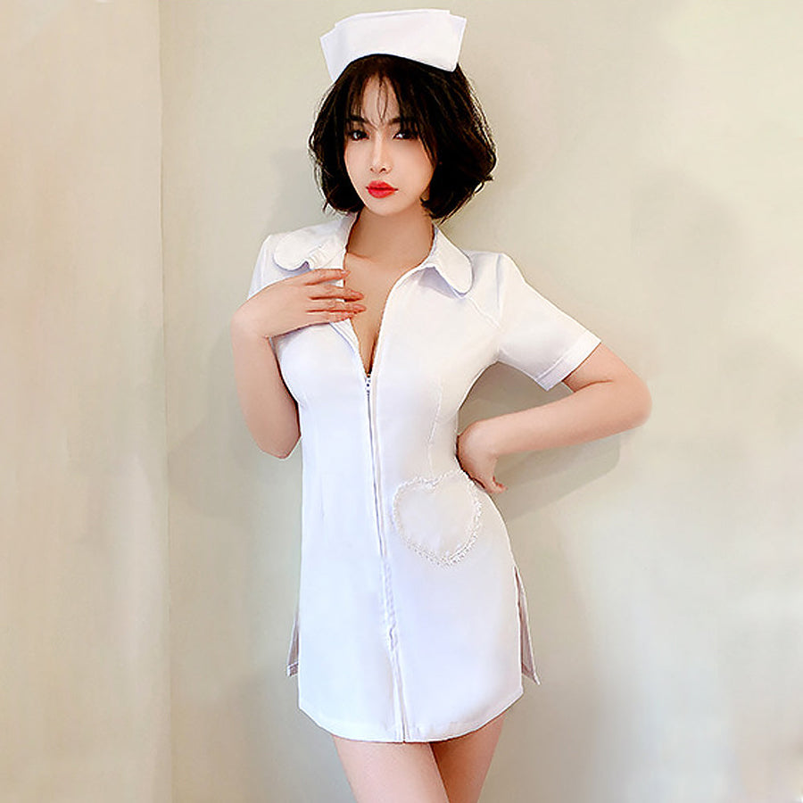 Yomorio Plus Size Nurse Cosplay Costume White Zip Front Nurse Dress Uniform