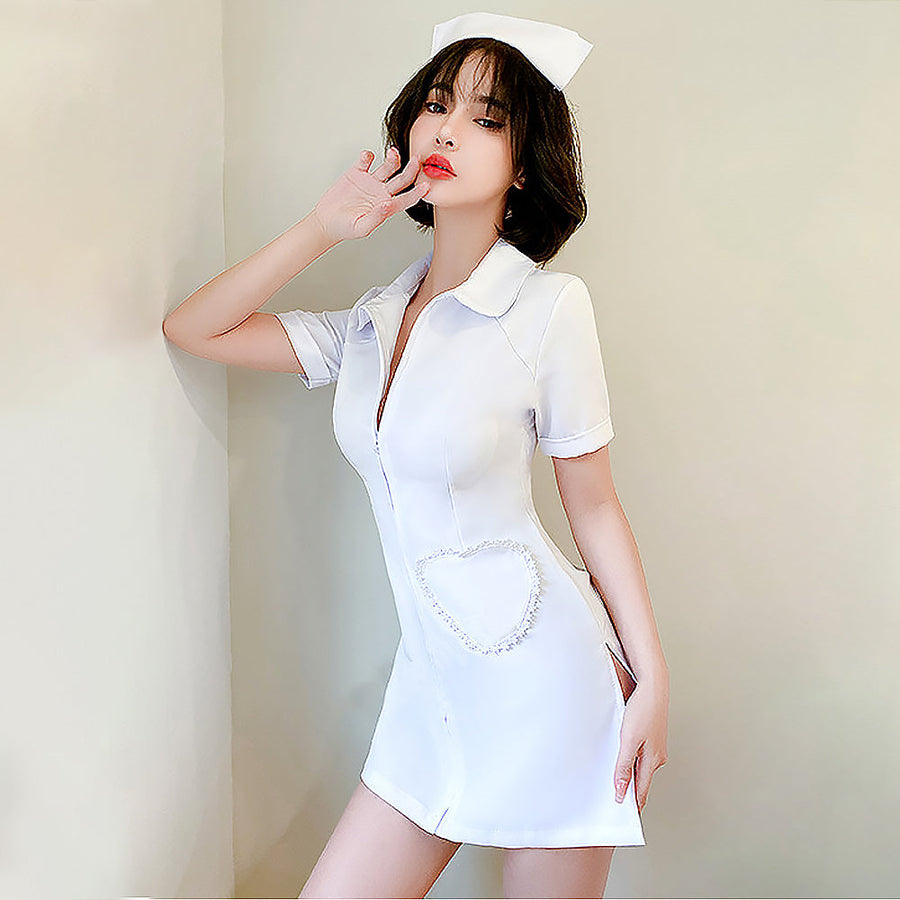 Yomorio Plus Size Nurse Cosplay Costume White Zip Front Nurse Dress Uniform