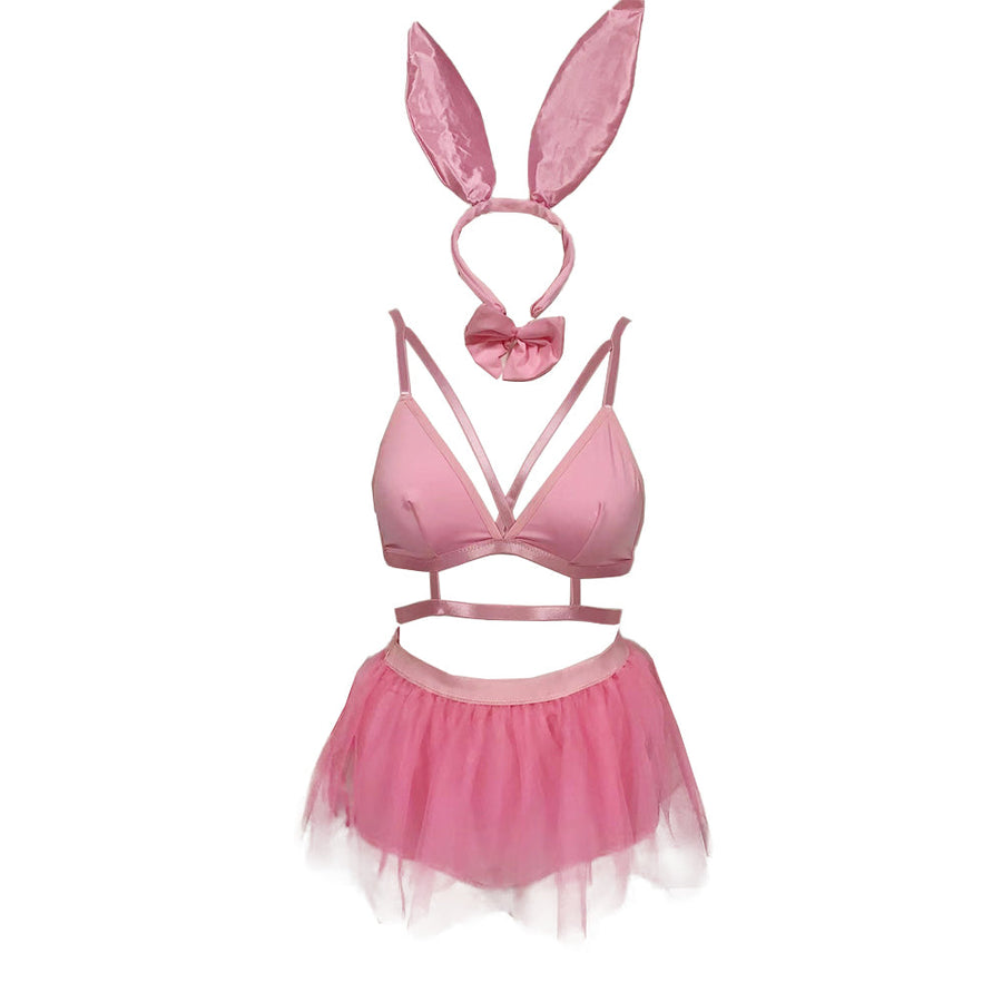 Sexy Playboy Bunny Lingerie Costume Micro Bra and Mesh Mini Skirt Cosplay Outfit