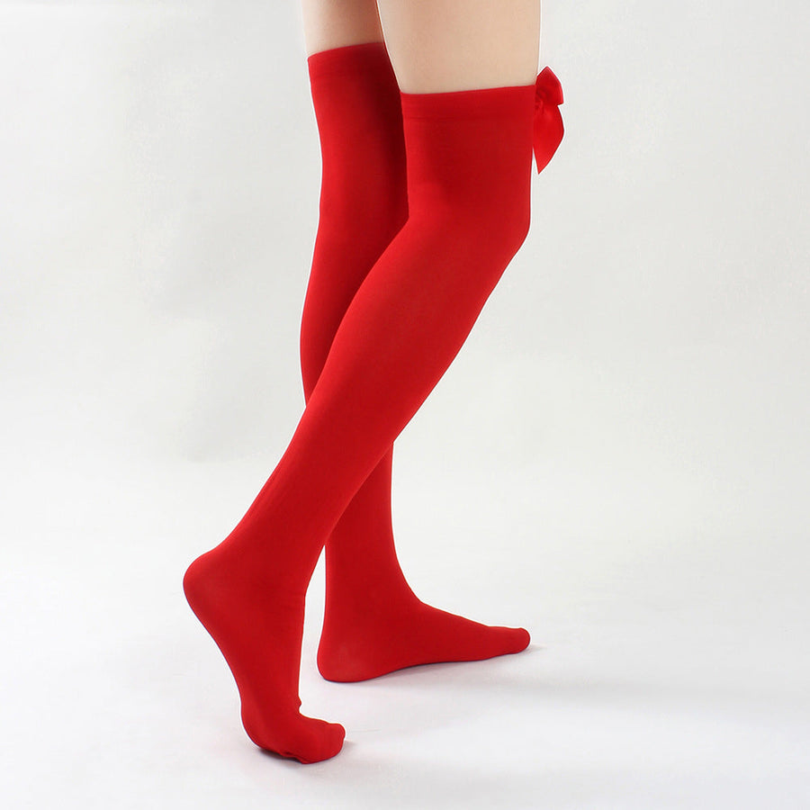 Red Opaque Thigh High Stocking with Bowknot for Christmas