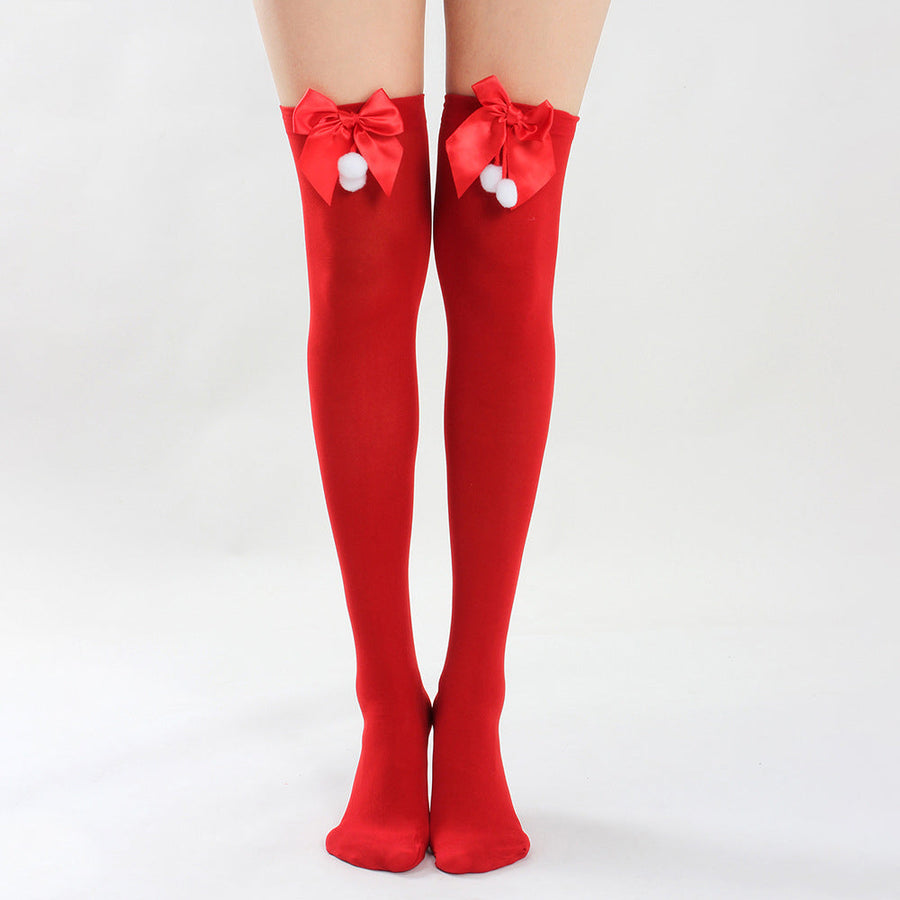 Red Opaque Thigh High Stocking with Bowknot for Christmas
