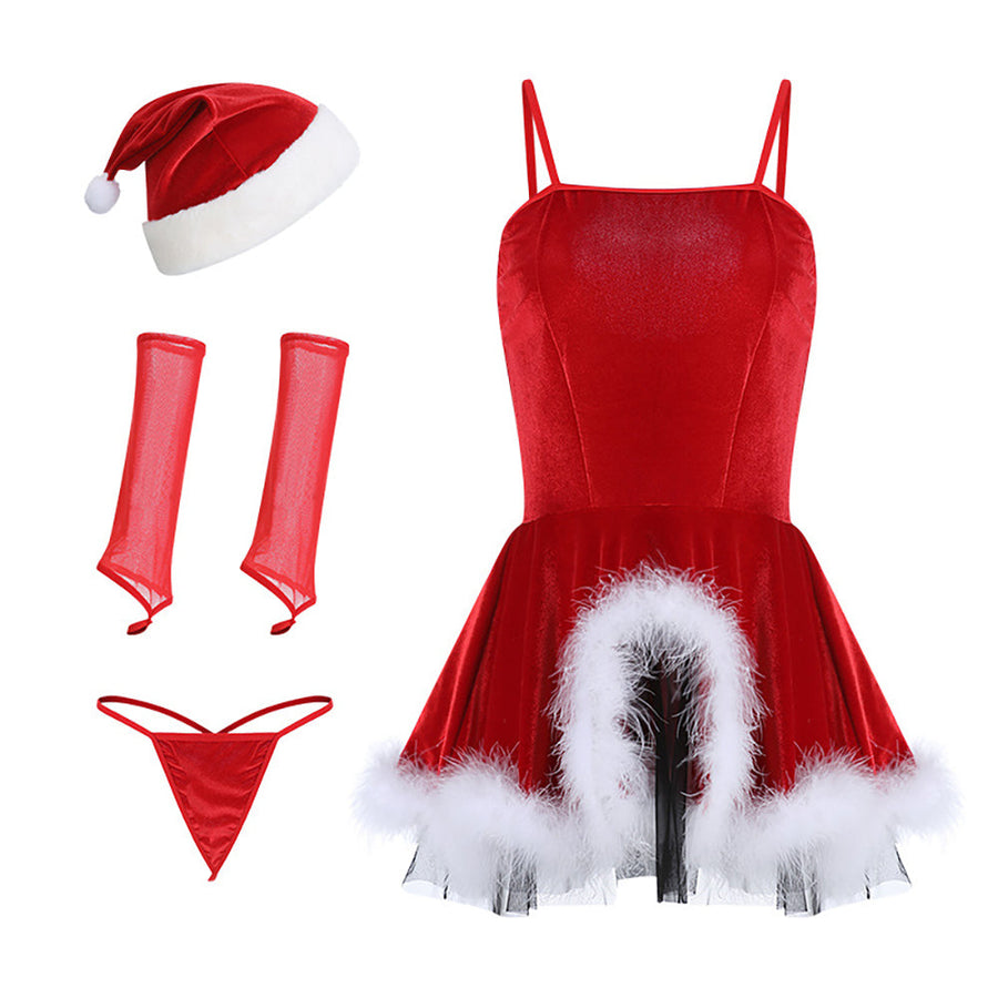 Naughty Elf Costume Cute Santa Claus Babydoll Dress Red Velvet Spaghetti Straps Lingerie