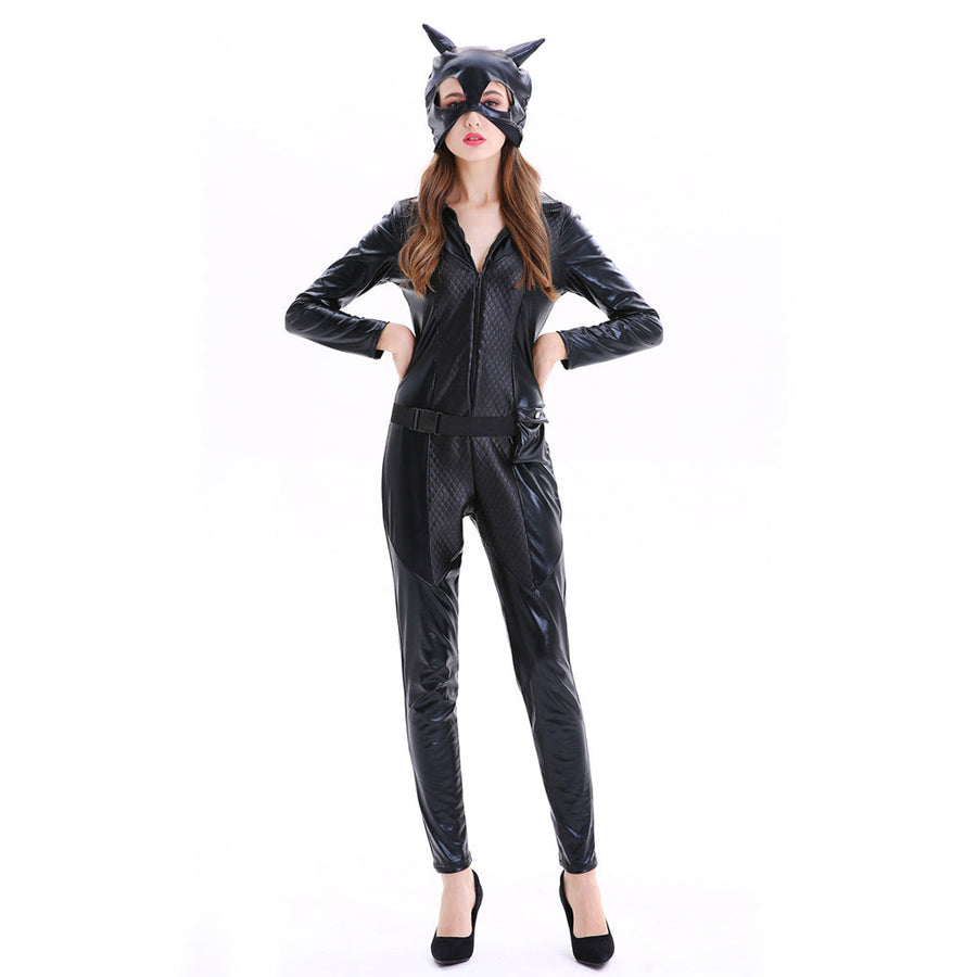 Adult Catwoman Outfit Black Batwoman Costume Wet Look Chest Cut Out Jumpsuit