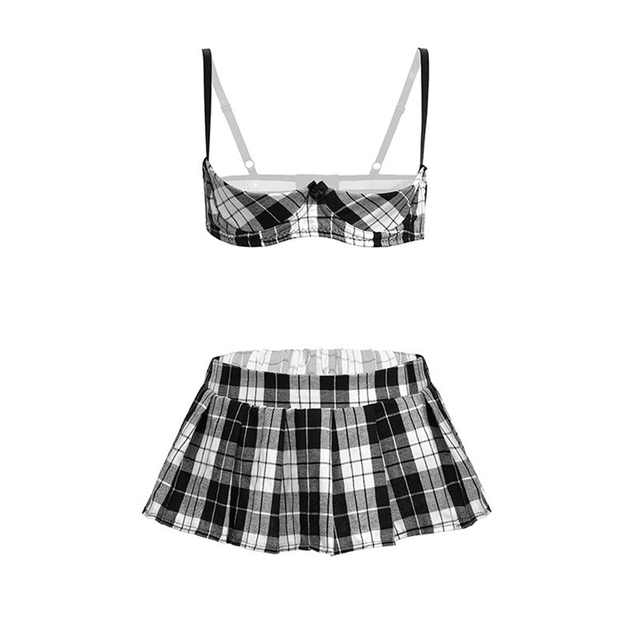 Plaid Open Cup Bra with Skirt