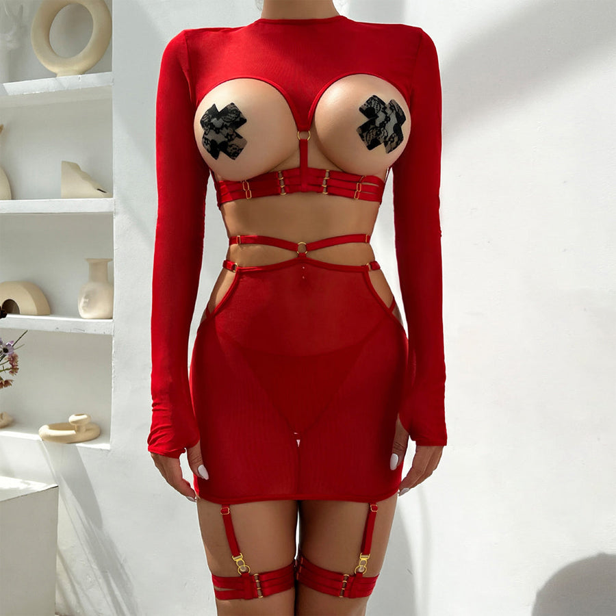Seductive Strappy Cupless Mini Outfit Set Cupless Crop Top and Open Hips Mini Skirt