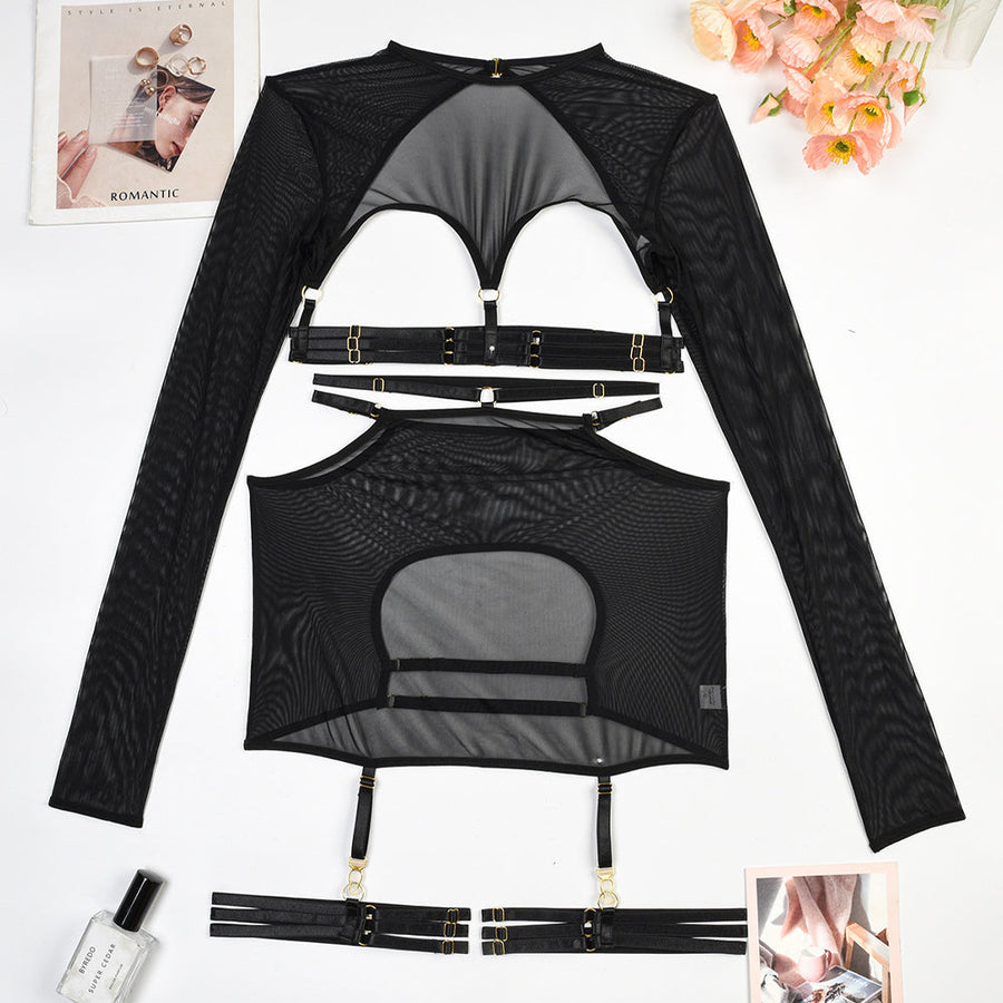 Seductive Strappy Cupless Mini Outfit Set Cupless Crop Top and Open Hips Mini Skirt