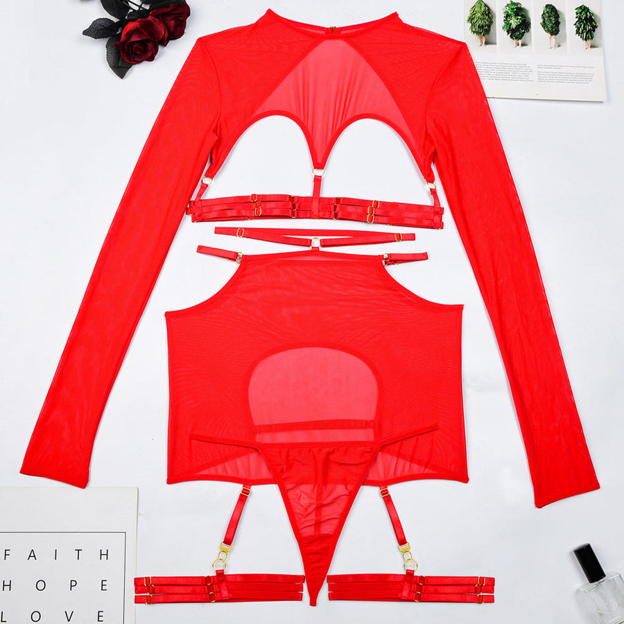 Seductive Strappy Cupless Mini Outfit Set Cupless Crop Top and Open Hips Mini Skirt