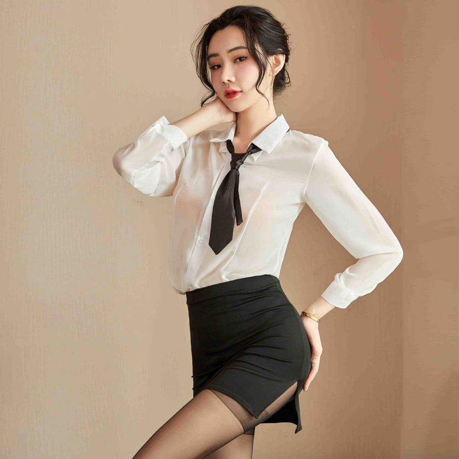 Yomorio Sexy Accountant Outfit Set White Shirt with Black Mini Skirt Teacher Cosplay Costume