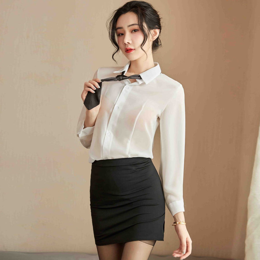 Yomorio Sexy Accountant Outfit Set White Shirt with Black Mini Skirt Teacher Cosplay Costume