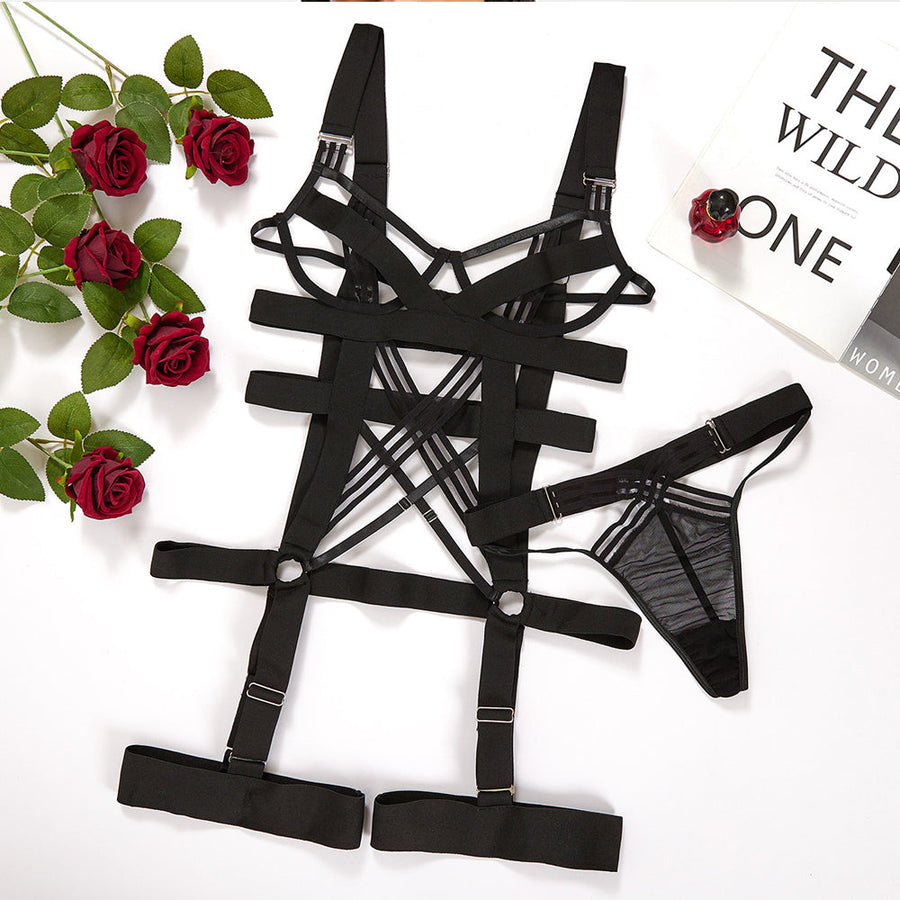 Yomorio Body Harness Lingerie Set 2 Piece Elastic Bandage Hollow Out Underwear Strappy Gothic Lingerie