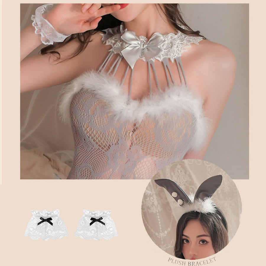 Sexy Bunny Cosplay Lingerie Sheer Lace Rabbit Bodysuit Hollow Bunny Girl Teddy Outfit