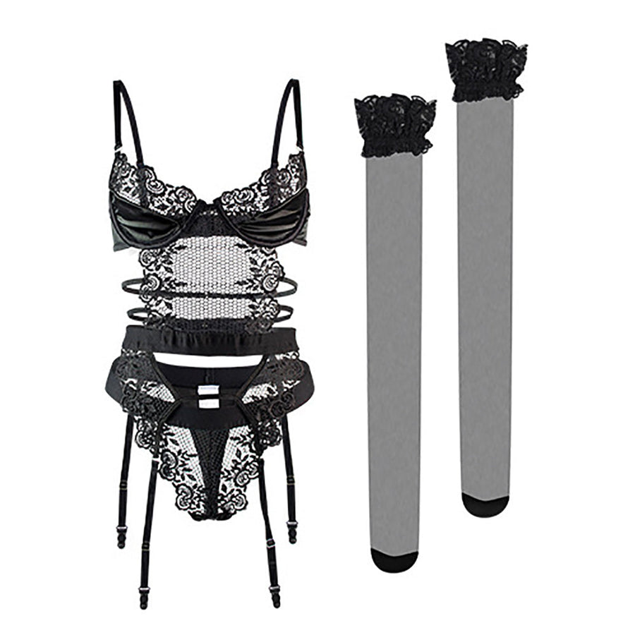 Sexy Caged Bra and Garter Set Fishnet & Lace 3-piece Longline Lingerie