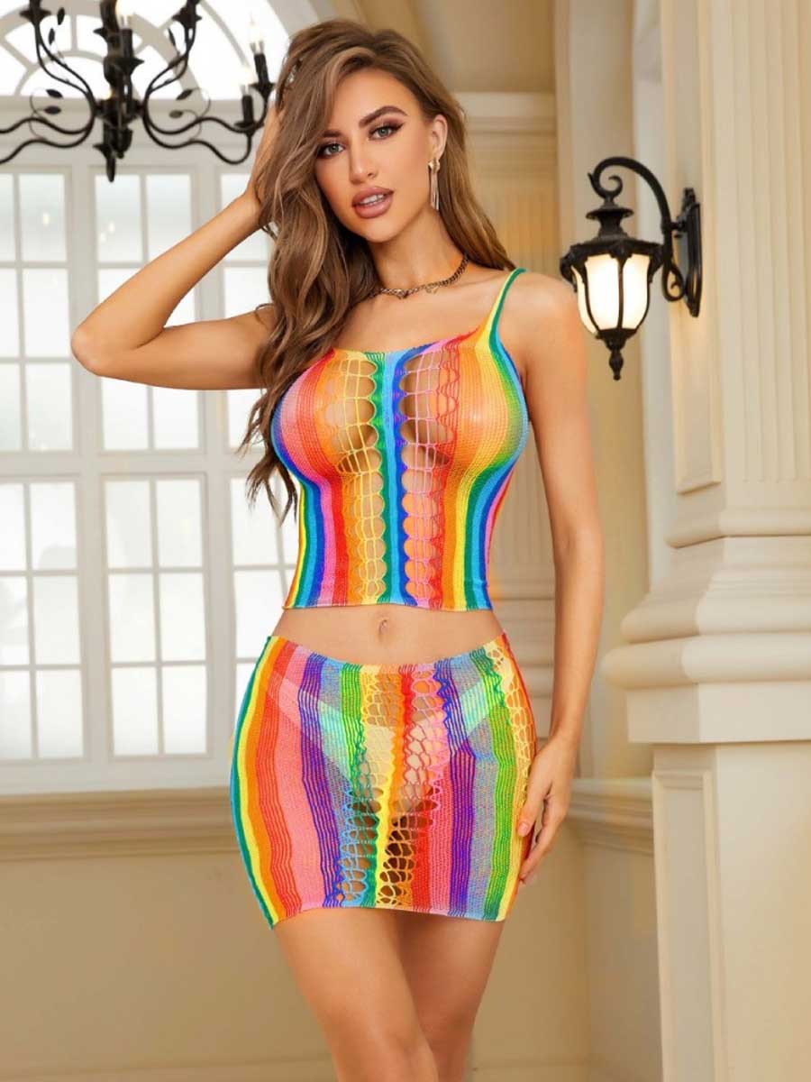 Rainbow Fishnet Top and Skirt