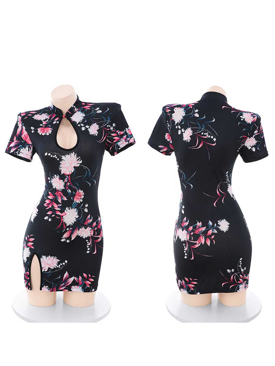 Floral Cheongsam Dress W/ Maid Apron