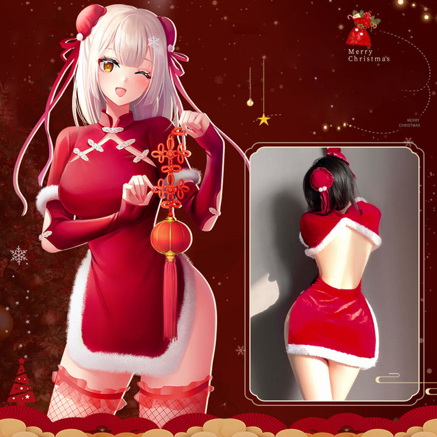 Sexy Cheongsam Dress Red Velvet Cheogsam Lingerie Dress Chinese Split Dress