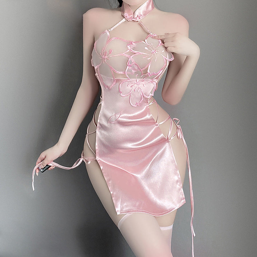 Sexy Chinese Lingerie Dress Lace-Up Side Slit Cheongsam Dresses Pink Satin Babydoll Nightie