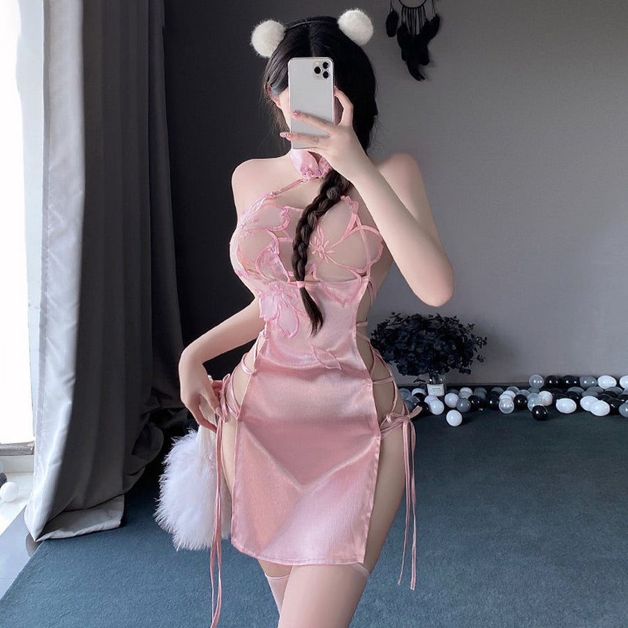 Sexy Chinese Lingerie Dress Lace-Up Side Slit Cheongsam Dresses Pink Satin Babydoll Nightie