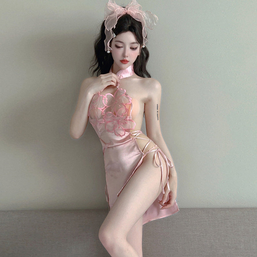 Sexy Chinese Lingerie Dress Lace-Up Side Slit Cheongsam Dresses Pink Satin Babydoll Nightie