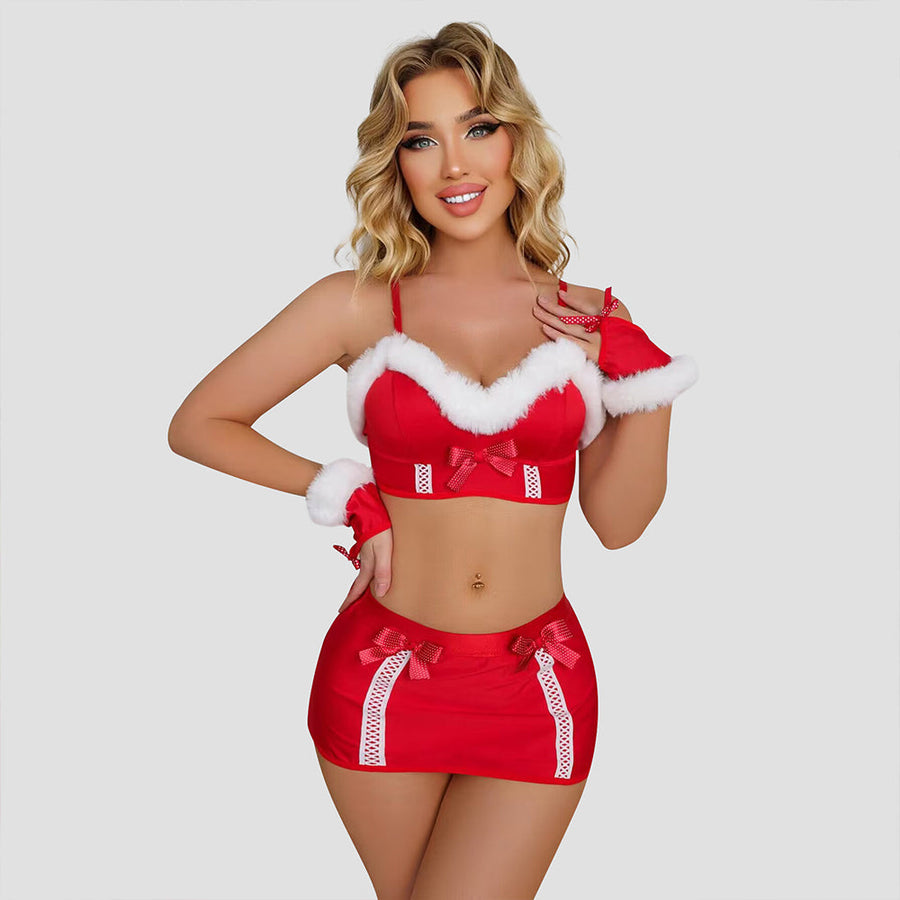 Sexy Christmas Lingerie for Women Mrs Santa Claus Costume Fluffy Trim Bra and Mini Skirt Set Party Uniform