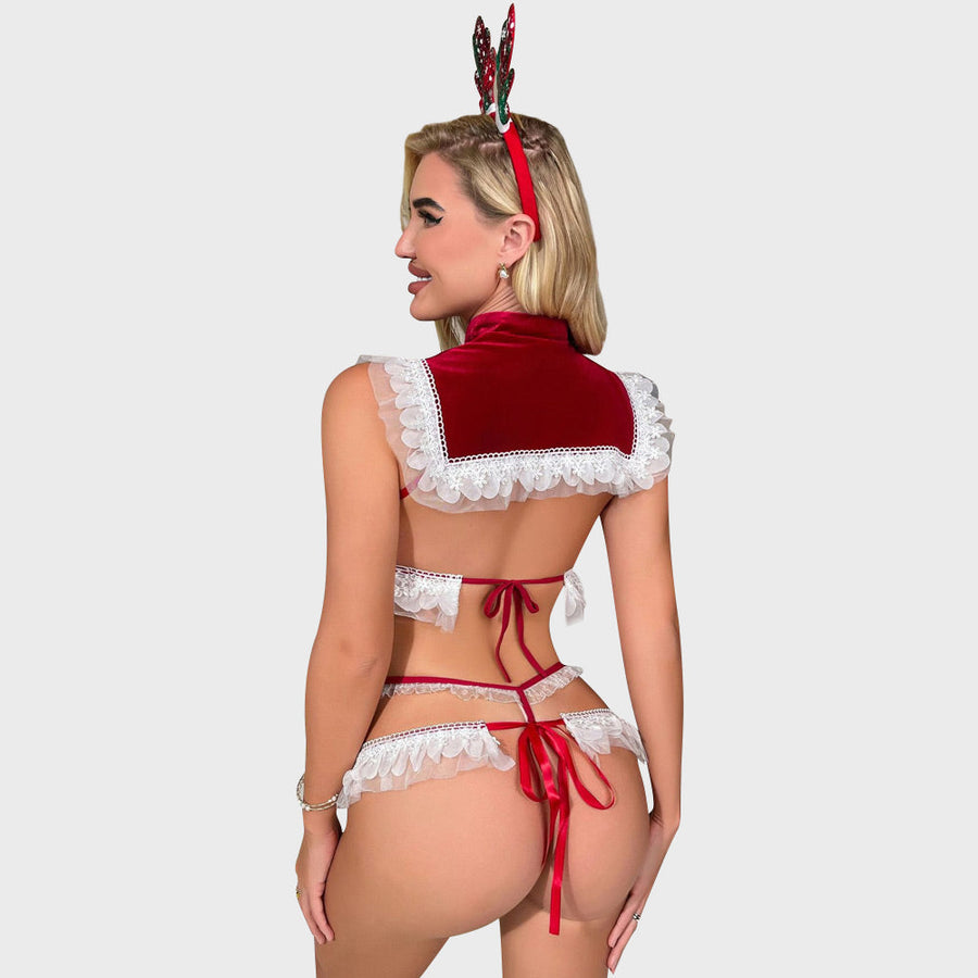 Sexy Christmas Lingerie Set Mrs Santa Claus Cosplay Outfit 3 Piece Red Velvet Bra Set