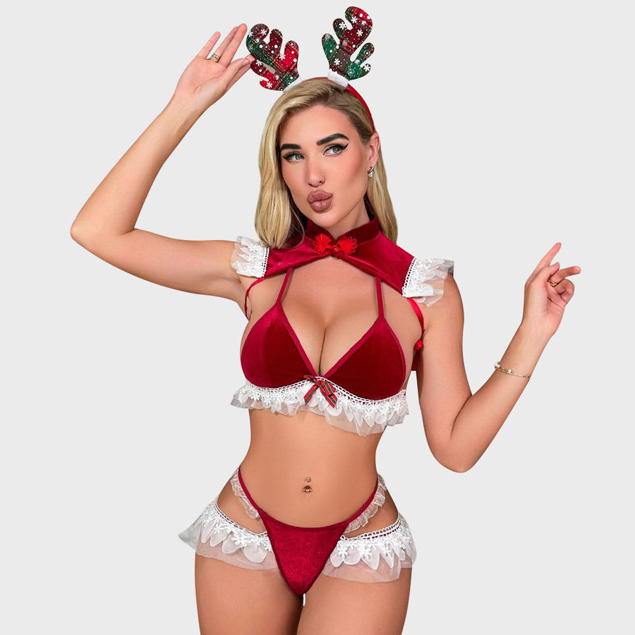 Sexy Christmas Lingerie Set Mrs Santa Claus Cosplay Outfit 3 Piece Red Velvet Bra Set