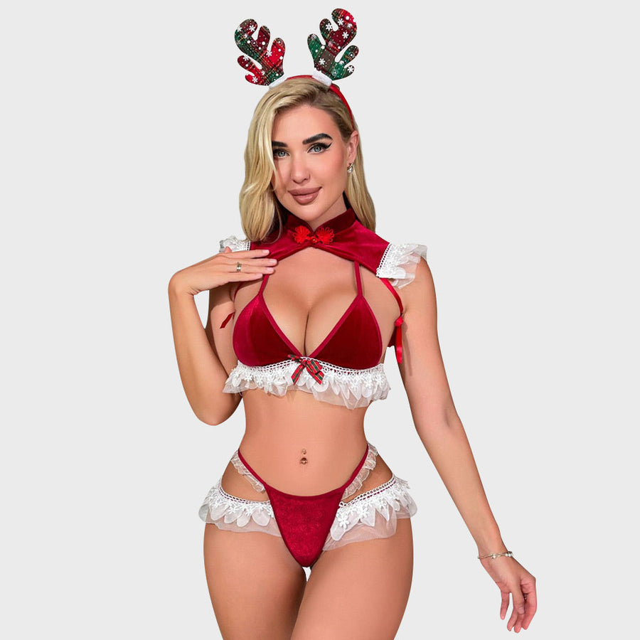 Sexy Christmas Lingerie Set Mrs Santa Claus Cosplay Outfit 3 Piece Red Velvet Bra Set