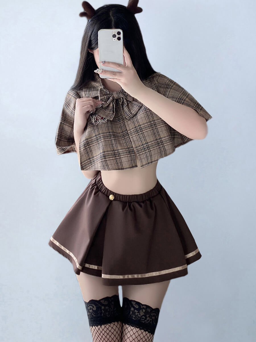 Vintage Brown Plaid Skirt Set