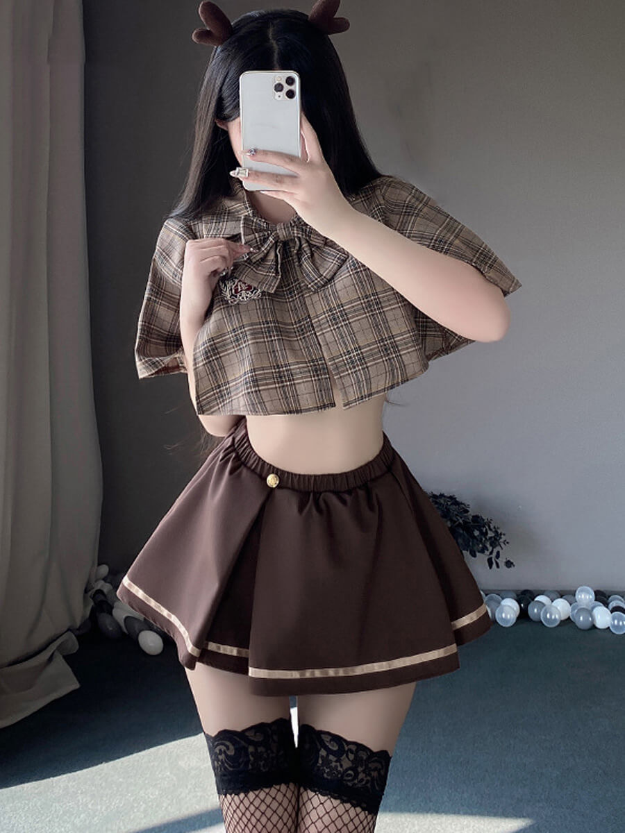 Vintage Brown Plaid Skirt Set